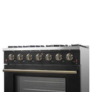 Forno 4-Piece Appliance Package - 36-Inch Gas Range, Wall Mount Range Hood, 36-Inch French Door Refrigerator, and Dishwasher in Black with Antique Brass Handle