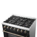 Forno 5-Piece Appliance Package - 36-Inch Gas Range, Wall Mount Range Hood, 60-Inch Convertible Refrigerator with Modern Trim, Dishwasher, and 24-Inch Microwave Oven in Black with Antique Brass Handle