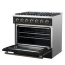 Forno 4-Piece Appliance Package - 36-Inch Gasl Fuel Range, Wall Mount Range Hood, 60-Inch Built-In Convertible Refrigerator, and Dishwasher in Black with Antique Brass Handle