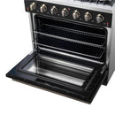 Forno 5-Piece Appliance Package - 36-Inch Gas Range, Wall Mount Range Hood, 36-Inch Refrigerator, Dishwasher, and 30-Inch Microwave Drawer in Black with Antique Brass Handle