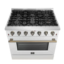 Forno 4-Piece Appliance Package - 36-Inch Gas Range, 60-Inch Refrigerator, Dishwasher, & 30-Inch Microwave Oven in White with Antique Brass Handle