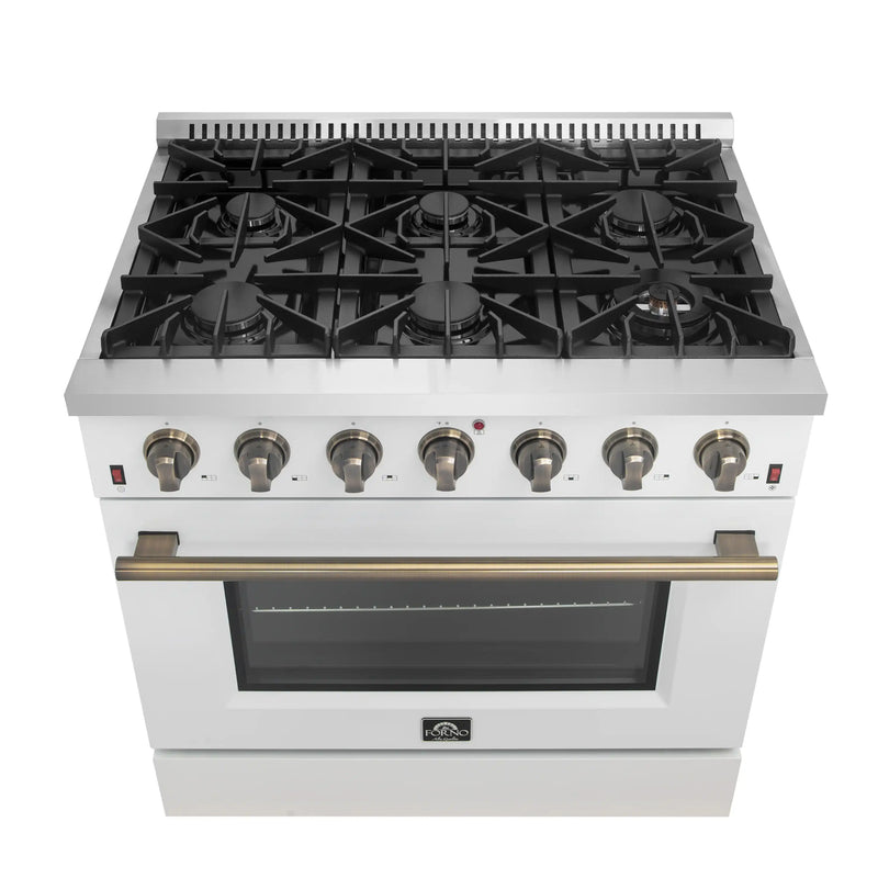 Forno 4-Piece Appliance Package - 36-Inch Gas Range, Wall Mount Range Hood, 60-Inch Built-In Convertible Refrigerator, and Dishwasher in White with Antique Brass Trim
