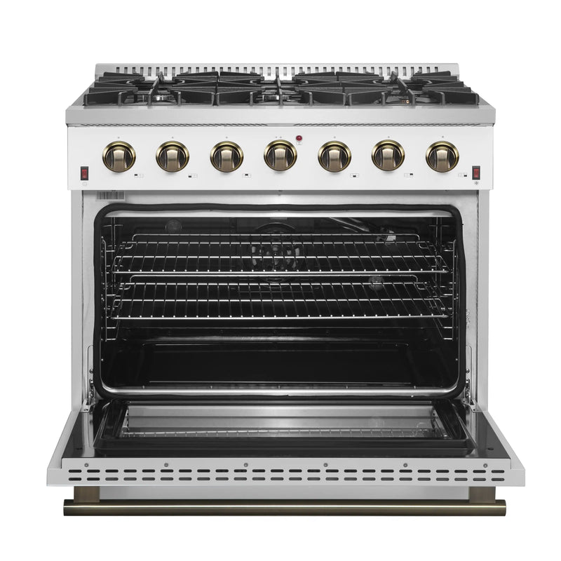 Forno Galiano 5-Piece Appliance Package - 36-Inch Gas Range, 36-Inch Hood, 36-Inch Refrigerator, 24-Inch Dishwasher, & 24-Inch Microwave Oven in White with Antique Brass Trim