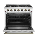 Forno 4-Piece Appliance Package - 36-Inch Gas Range, Wall Mount Range Hood, 60-Inch Built-In Convertible Refrigerator, and Dishwasher in White with Antique Brass Trim