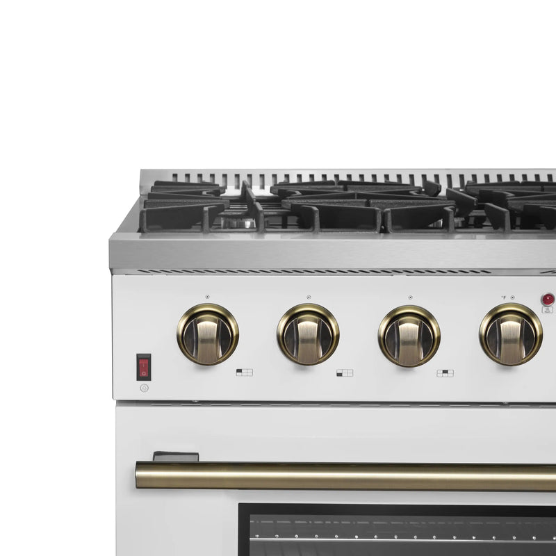 Forno Galiano 5-Piece Appliance Package - 36-Inch Gas Range, 36-Inch Hood, 36-Inch Refrigerator, 24-Inch Dishwasher, & 24-Inch Microwave Oven in White with Antique Brass Trim