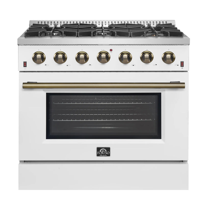 Forno Galiano 5-Piece Appliance Package - 36-Inch Gas Range, 36-Inch Hood, 36-Inch Refrigerator, 24-Inch Dishwasher, & 24-Inch Microwave Oven in White with Antique Brass Trim