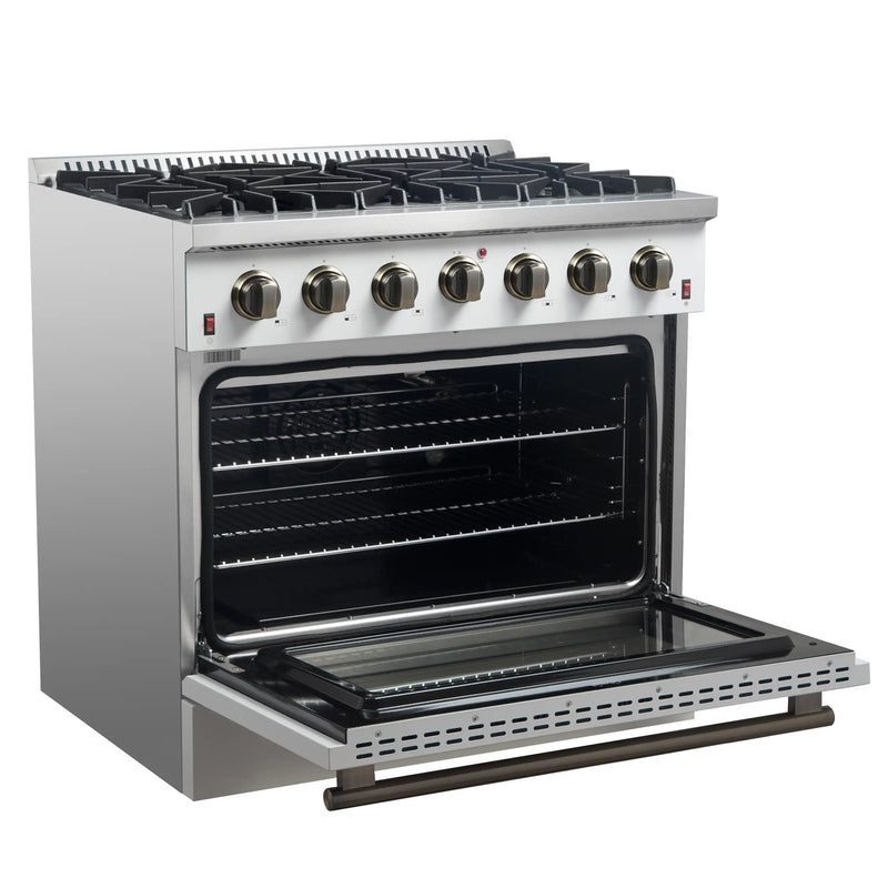 Forno Galiano 5-Piece Appliance Package - 36-Inch Gas Range, 36-Inch Hood, 36-Inch Refrigerator, 24-Inch Dishwasher, & 24-Inch Microwave Oven in White with Antique Brass Trim