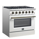 Forno 4-Piece Appliance Package - 36-Inch Galiano Gas Range, 60-Inch Refrigerator, Dishwasher, & 30-Inch Microwave Drawer in White with Antique Brass Handle