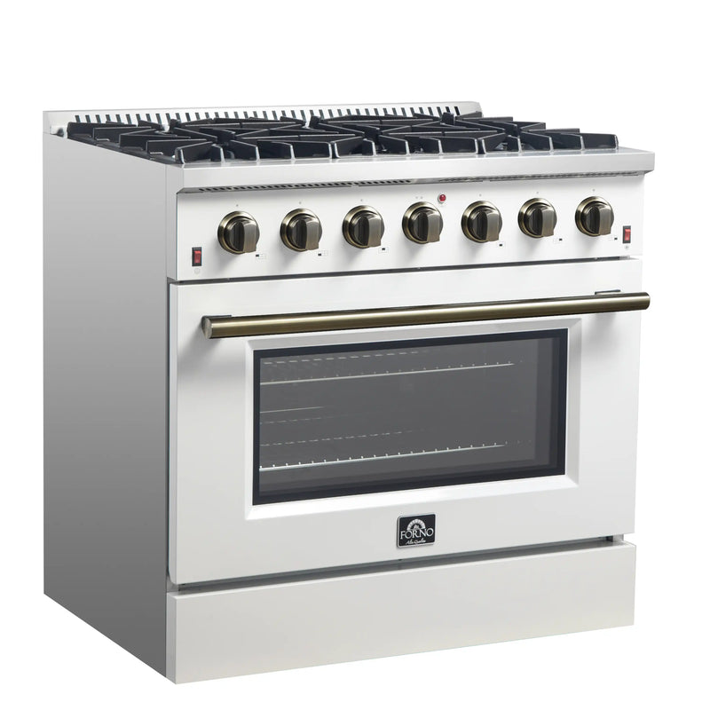 Forno Galiano 5-Piece Appliance Package - 36-Inch Gas Range, 36-Inch Hood, 36-Inch Refrigerator, 24-Inch Dishwasher, & 24-Inch Microwave Oven in White with Antique Brass Trim