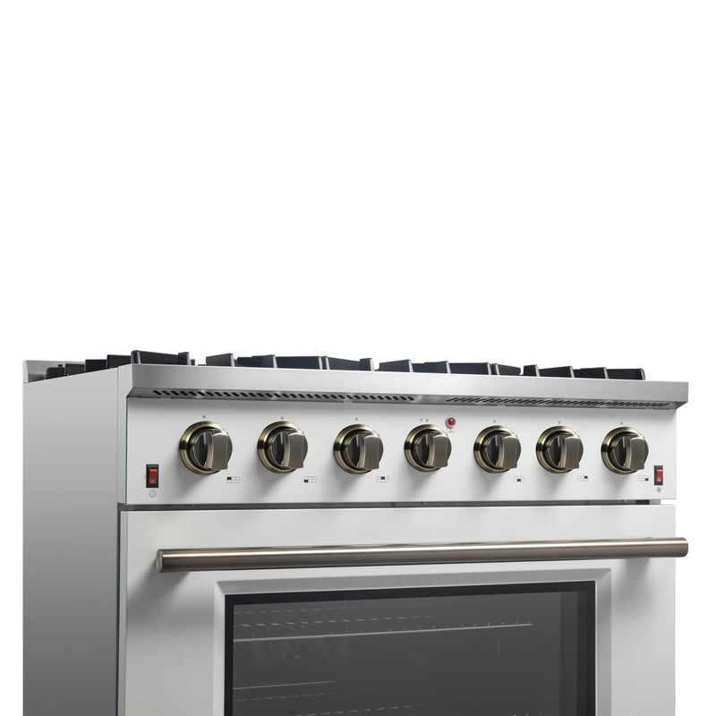 Forno Galiano 5-Piece Appliance Package - 36-Inch Gas Range, 36-Inch Hood, 36-Inch Refrigerator, 24-Inch Dishwasher, & 24-Inch Microwave Oven in White with Antique Brass Trim