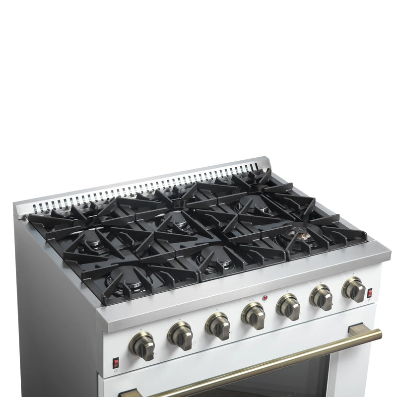 Forno Galiano 5-Piece Appliance Package - 36-Inch Gas Range, 36-Inch Hood, 36-Inch Refrigerator, 24-Inch Dishwasher, & 24-Inch Microwave Oven in White with Antique Brass Trim