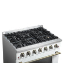 Forno 4-Piece Appliance Package - 36-Inch Gas Range, 60-Inch Refrigerator, Dishwasher, & 24-Inch Microwave Oven in White with Antique Brass Handle