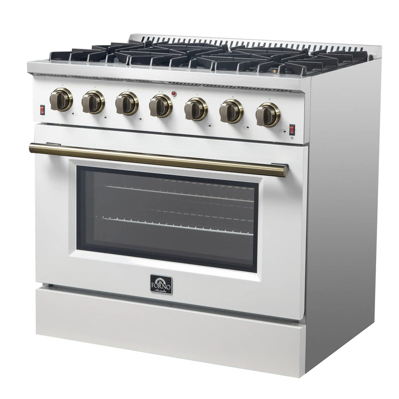 Forno Galiano 5-Piece Appliance Package - 36-Inch Gas Range, 36-Inch Hood, 36-Inch Refrigerator, 24-Inch Dishwasher, & 24-Inch Microwave Oven in White with Antique Brass Trim