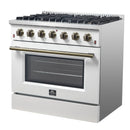 Forno Galiano 2-Piece Appliance Package - 36-Inch Gas Range & 36-Inch Wall Mount Range Hood in White with Antique Brass Trim