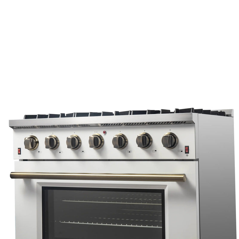 Forno Galiano 2-Piece Appliance Package - 36-Inch Gas Range & 36-Inch Wall Mount Range Hood in White with Antique Brass Trim