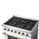 Forno Galiano 2-Piece Appliance Package - 36-Inch Gas Range & 36-Inch Wall Mount Range Hood in White with Antique Brass Trim