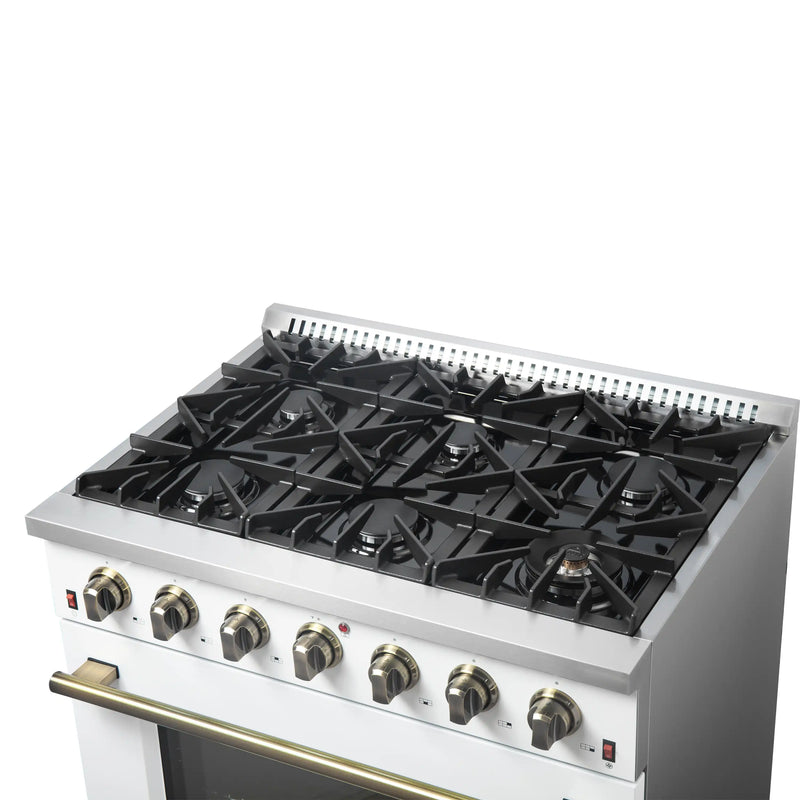 Forno Galiano 5-Piece Appliance Package - 36-Inch Gas Range, 36-Inch Hood, 36-Inch Refrigerator, 24-Inch Dishwasher, & 24-Inch Microwave Oven in White with Antique Brass Trim