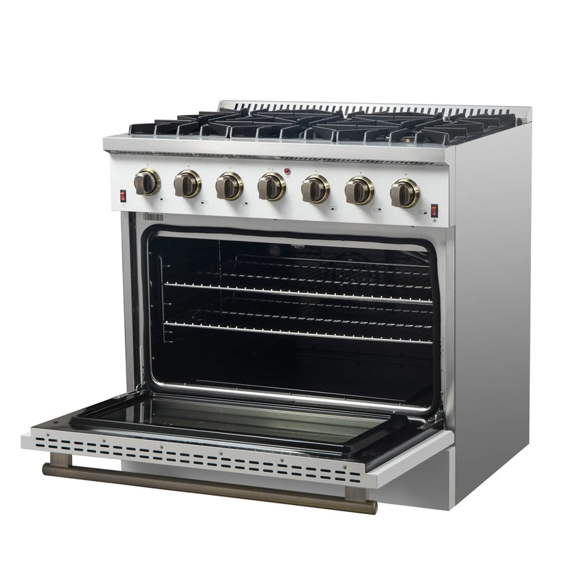 Forno Galiano 5-Piece Appliance Package - 36-Inch Gas Range, 36-Inch Hood, 36-Inch Refrigerator, 24-Inch Dishwasher, & 24-Inch Microwave Oven in White with Antique Brass Trim