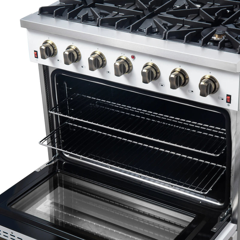 Forno Galiano 5-Piece Appliance Package - 36-Inch Gas Range, 36-Inch Hood, 36-Inch Refrigerator, 24-Inch Dishwasher, & 24-Inch Microwave Oven in White with Antique Brass Trim