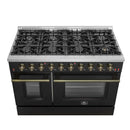 Forno Galiano 5-Piece Appliance Package - 48-Inch Gas Range, 48-Inch Hood, 36-Inch Refrigerator, 24-Inch Dishwasher, & 24-Inch Microwave Drawer in Black with Antique Brass Trim