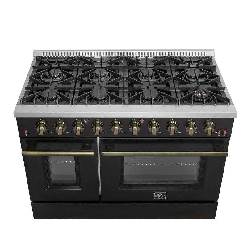 Forno Galiano 5-Piece Appliance Package - 48-Inch Gas Range, 48-Inch Hood, 36-Inch Refrigerator, 24-Inch Dishwasher, & 30-Inch Microwave Oven in Black with Antique Brass Trim