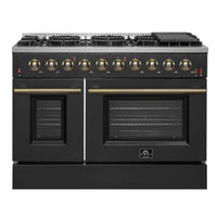 Forno Galiano 48-Inch Gas Range with 8 Burners and  6.58 Cu.Ft. Double Convection Oven in Black with Antique Brass Trim (FFSGS6244-48BLK)