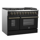 Forno Galiano 5-Piece Appliance Package - 48-Inch Gas Range, 48-Inch Hood, 36-Inch Refrigerator, 24-Inch Dishwasher, & 30-Inch Microwave Drawer in Black with Antique Brass Trim