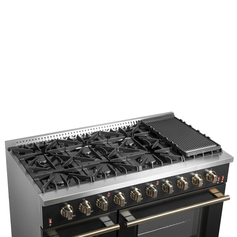 Forno Galiano 48-Inch Gas Range with 8 Burners and  6.58 Cu.Ft. Double Convection Oven in Black with Antique Brass Trim (FFSGS6244-48BLK)