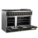 Forno Galiano 5-Piece Appliance Package - 48-Inch Gas Range, 48-Inch Hood, 36-Inch Refrigerator, 24-Inch Dishwasher, & 24-Inch Microwave Drawer in Black with Antique Brass Trim