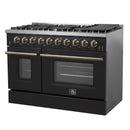 Forno Galiano 5-Piece Appliance Package - 48-Inch Gas Range, 48-Inch Hood, 36-Inch Refrigerator, 24-Inch Dishwasher, & 24-Inch Microwave Drawer in Black with Antique Brass Trim