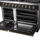 Forno 4-Piece Appliance Package - 48-Inch Gas Range, Wall Mount Range Hood, 36-Inch French Door Refrigerator, and Dishwasher in Black with Antique Brass Handle