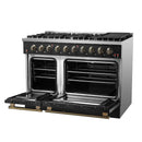 Forno 4-Piece Appliance Package - 48-Inch Gas Range, 60-Inch Convertible Refrigerator with Modern Trim, Dishwasher, in Black with Antique Brass Handle