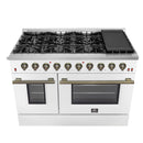 Forno Galiano 48-Inch Gas Range with 8 Burners and  6.58 Cu.Ft. Double Convection Oven in White with Antique Brass Trim (FFSGS6244-48WHT)