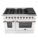 Forno Galiano 2-Piece Appliance Package - 48-Inch Gas Range & 48-Inch Wall Mount Range Hood in White with Antique Brass Trim