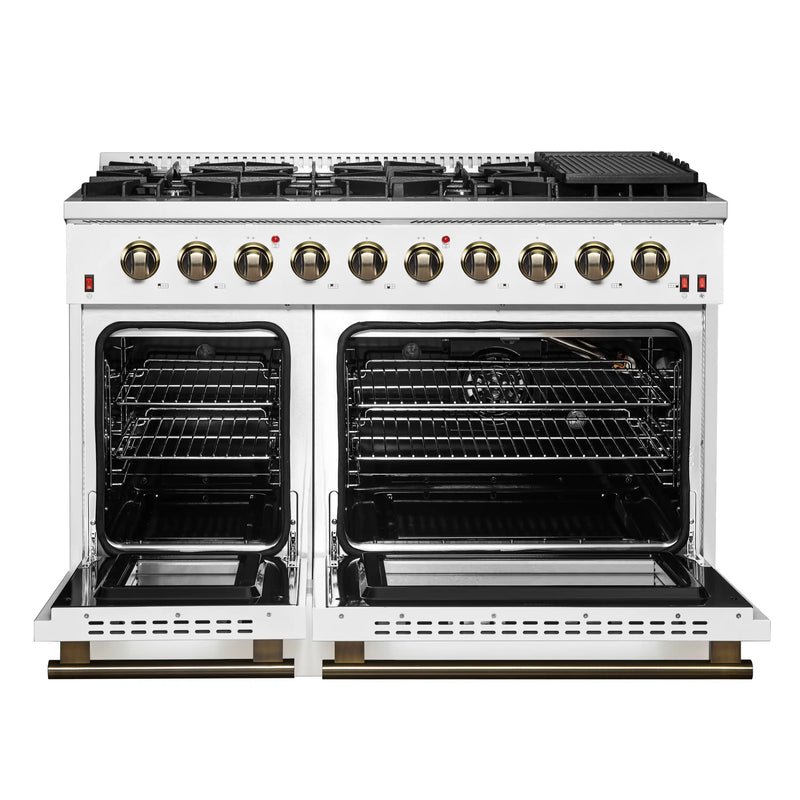 Forno Galiano 48-Inch Gas Range with 8 Burners and  6.58 Cu.Ft. Double Convection Oven in White with Antique Brass Trim (FFSGS6244-48WHT)