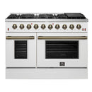 Forno 4-Piece Appliance Package - 48-Inch Galiano Gas Range, 60-Inch Refrigerator, Dishwasher, & 30-Inch Microwave Drawer in White with Antique Brass Handle