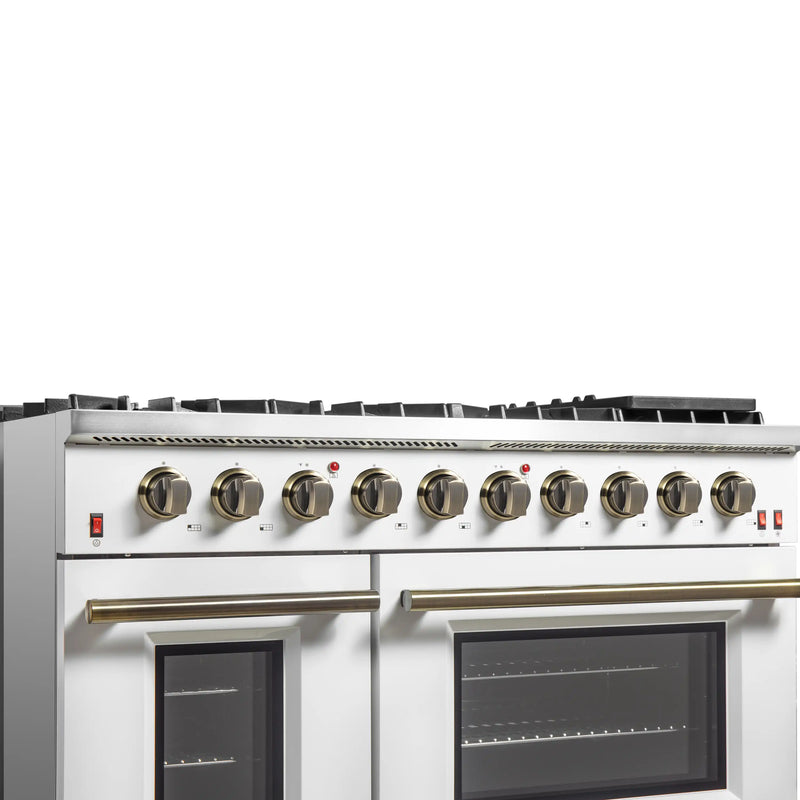 Forno Galiano 48-Inch Gas Range with 8 Burners and  6.58 Cu.Ft. Double Convection Oven in White with Antique Brass Trim (FFSGS6244-48WHT)
