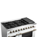 Forno 4-Piece Appliance Package - 48-Inch Galiano Gas Range, Wall Mount Range Hood, 60-Inch Refrigerator, Dishwasher in White with Antique Brass Handle