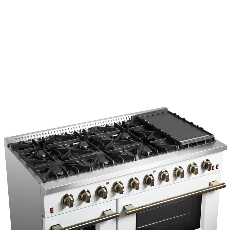 Forno Galiano 48-Inch Gas Range with 8 Burners and  6.58 Cu.Ft. Double Convection Oven in White with Antique Brass Trim (FFSGS6244-48WHT)