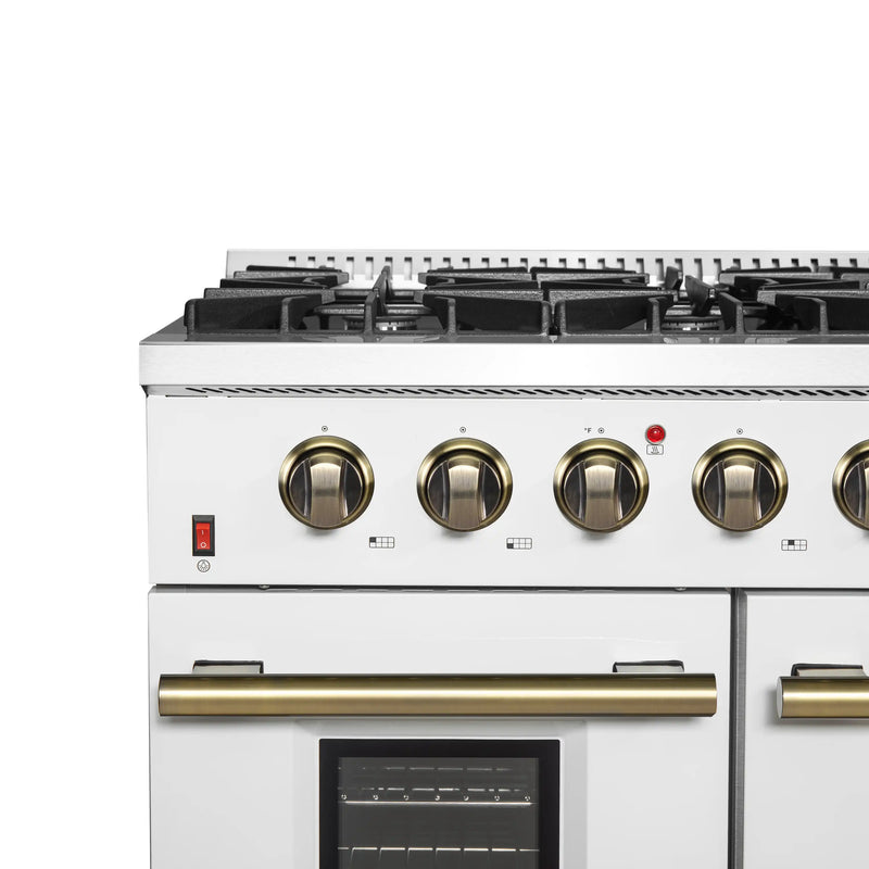 Forno Galiano 48-Inch Gas Range with 8 Burners and  6.58 Cu.Ft. Double Convection Oven in White with Antique Brass Trim (FFSGS6244-48WHT)