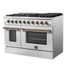 Forno Galiano 2-Piece Appliance Package - 48-Inch Gas Range & 48-Inch Wall Mount Range Hood in White with Antique Brass Trim