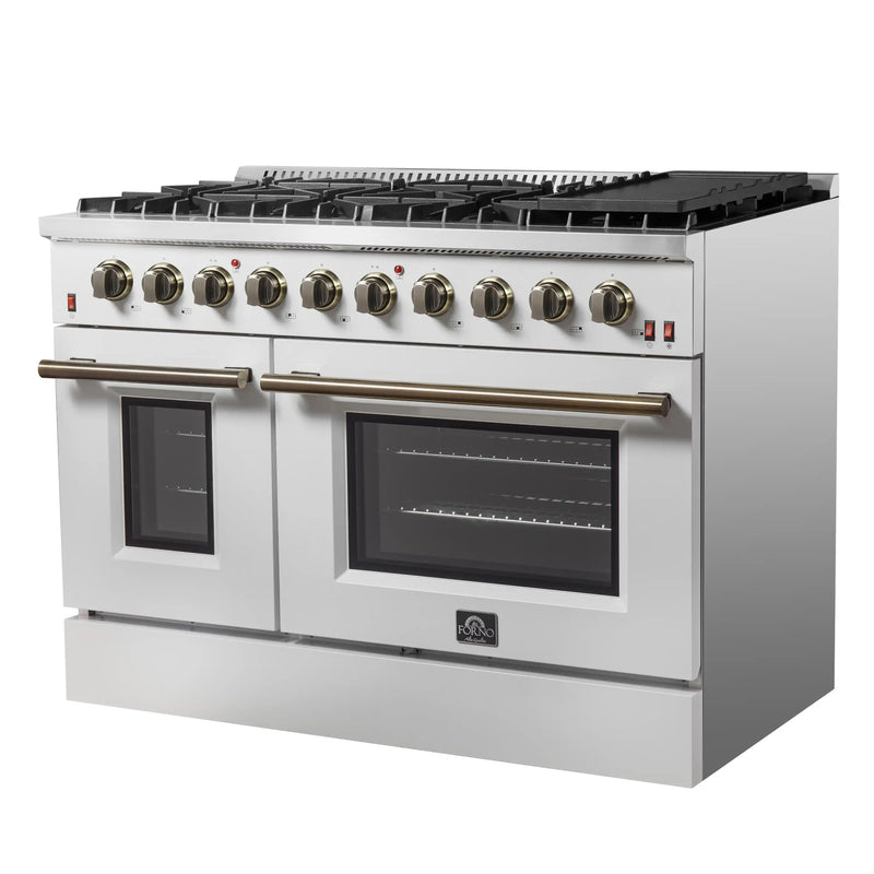 Forno Galiano 48-Inch Gas Range with 8 Burners and  6.58 Cu.Ft. Double Convection Oven in White with Antique Brass Trim (FFSGS6244-48WHT)