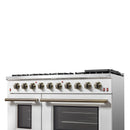 Forno 5-Piece Appliance Package - 48-Inch Gas Range, Wall Mount Range Hood, 36-Inch Refrigerator, Dishwasher, and 30-Inch Microwave Drawer in White with Antique Brass Handle