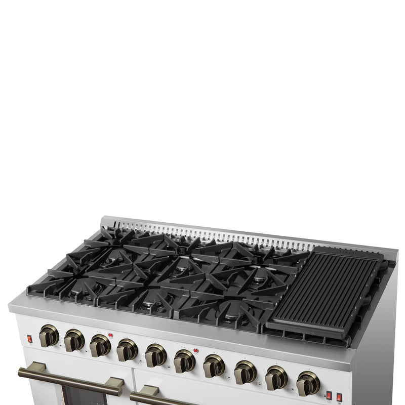 Forno Galiano 48-Inch Gas Range with 8 Burners and  6.58 Cu.Ft. Double Convection Oven in White with Antique Brass Trim (FFSGS6244-48WHT)
