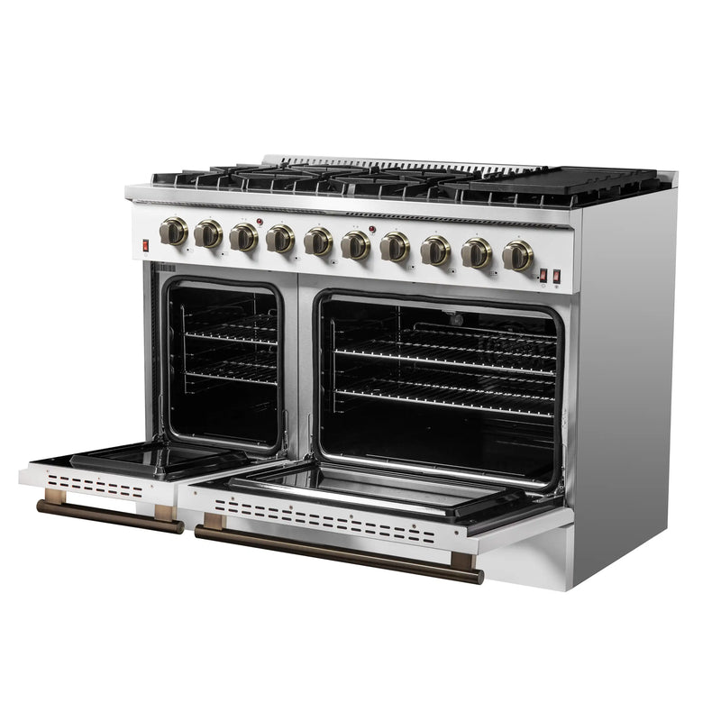 Forno Galiano 48-Inch Gas Range with 8 Burners and  6.58 Cu.Ft. Double Convection Oven in White with Antique Brass Trim (FFSGS6244-48WHT)