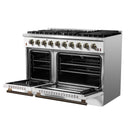 Forno 5-Piece Appliance Package - 48-Inch Gas Range, Wall Mount Range Hood, 60-Inch Refrigerator, Dishwasher, & 30-Inch Microwave Drawer in White with Antique Brass Handle
