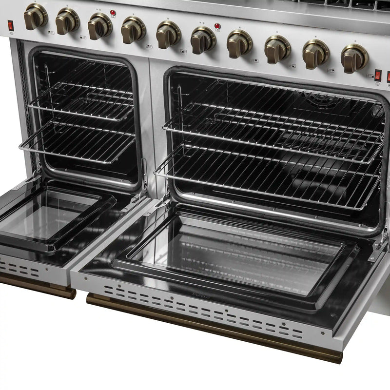 Forno Galiano 48-Inch Gas Range with 8 Burners and  6.58 Cu.Ft. Double Convection Oven in White with Antique Brass Trim (FFSGS6244-48WHT)
