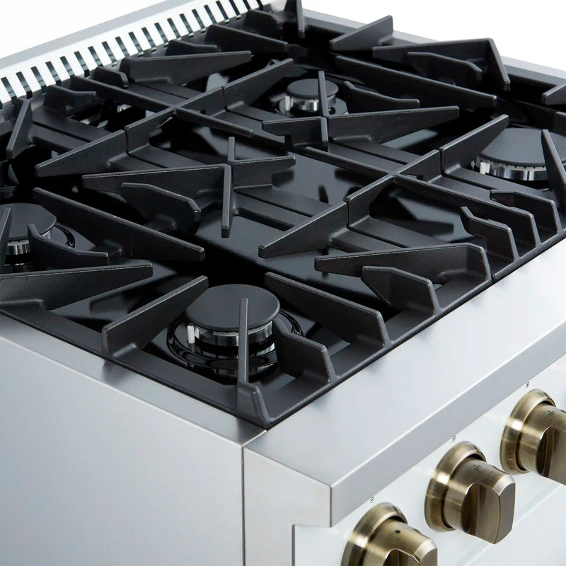 Forno Marco 30-Inch Gas Range with 4 Burners and 4.32 Cu.Ft. Convection Oven in White with Antique Brass Trim (FFSGS6277-30WHT)