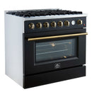 Forno Marco 36-Inch Gas Range with 6 Burners and 5.36 Cu.Ft. Convection Oven in Black with Antique Brass Trim (FFSGS6277-36BLK)