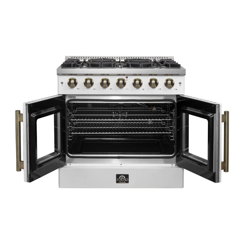 Forno Galiano 36-Inch French Door Gas Range with 6 Burners and 5.36 Cu.Ft. Convection Oven in White with Antique Brass Trim (FFSGS6444-36WHT)